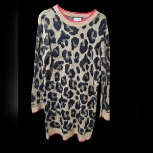 Women's Lily White Long Leopard Print Sweater Dress With Red Trim Size Large